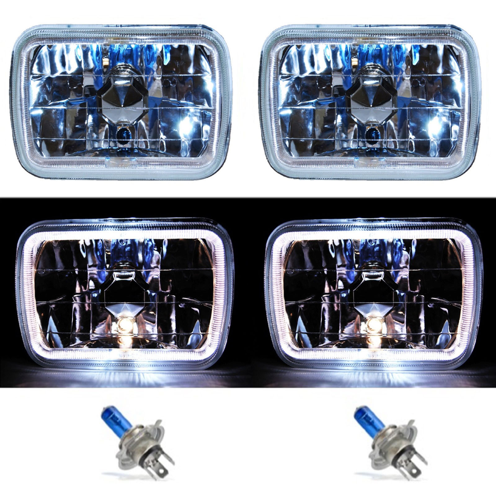7" CLEAR HEADLIGHT WITH WHITE HALO  bLUE TURN SIGNAL HEADLIGHTS H4  55W