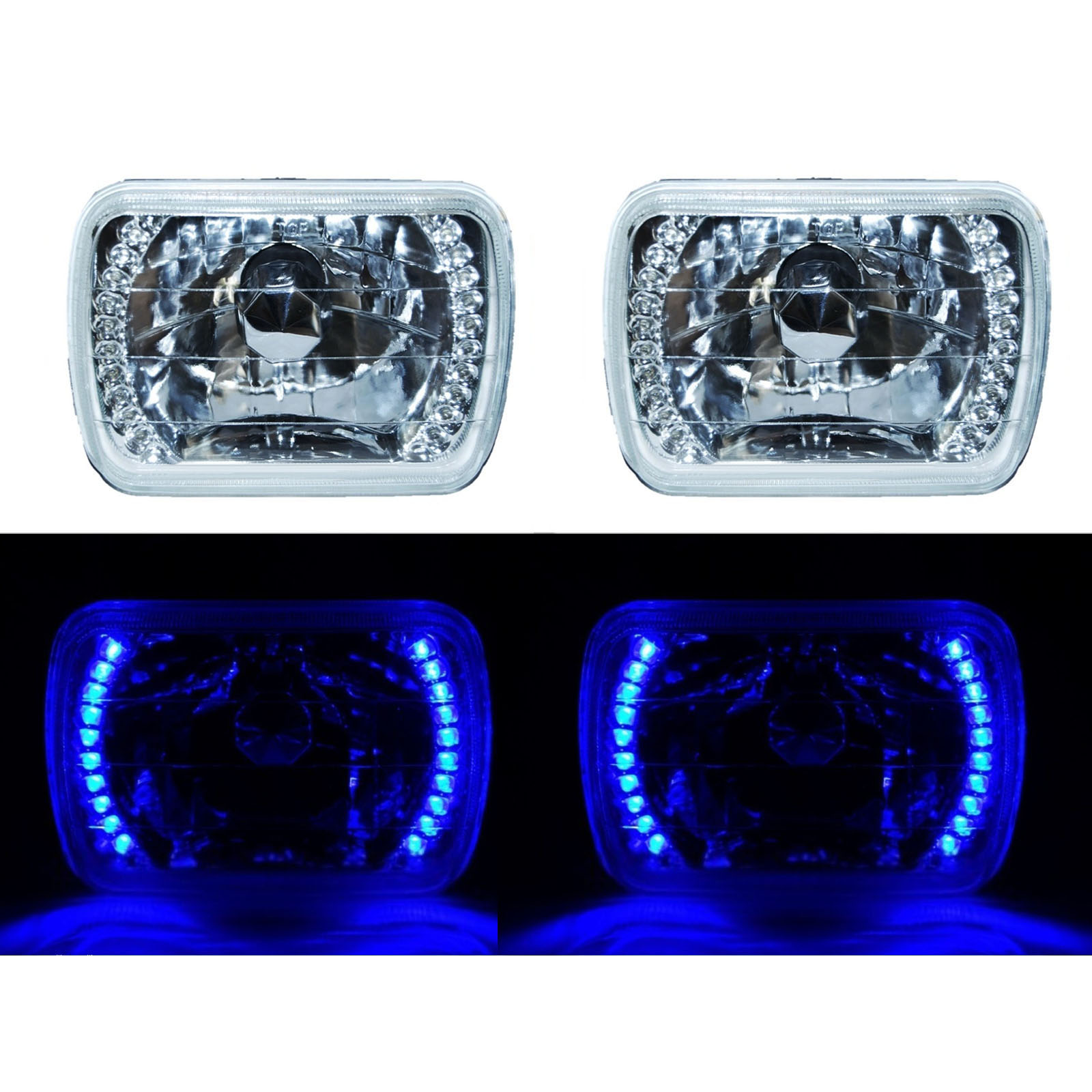 7X6 Blue LED Halo Halogen Crystal Clear Headlights Angel Eye H4 Light