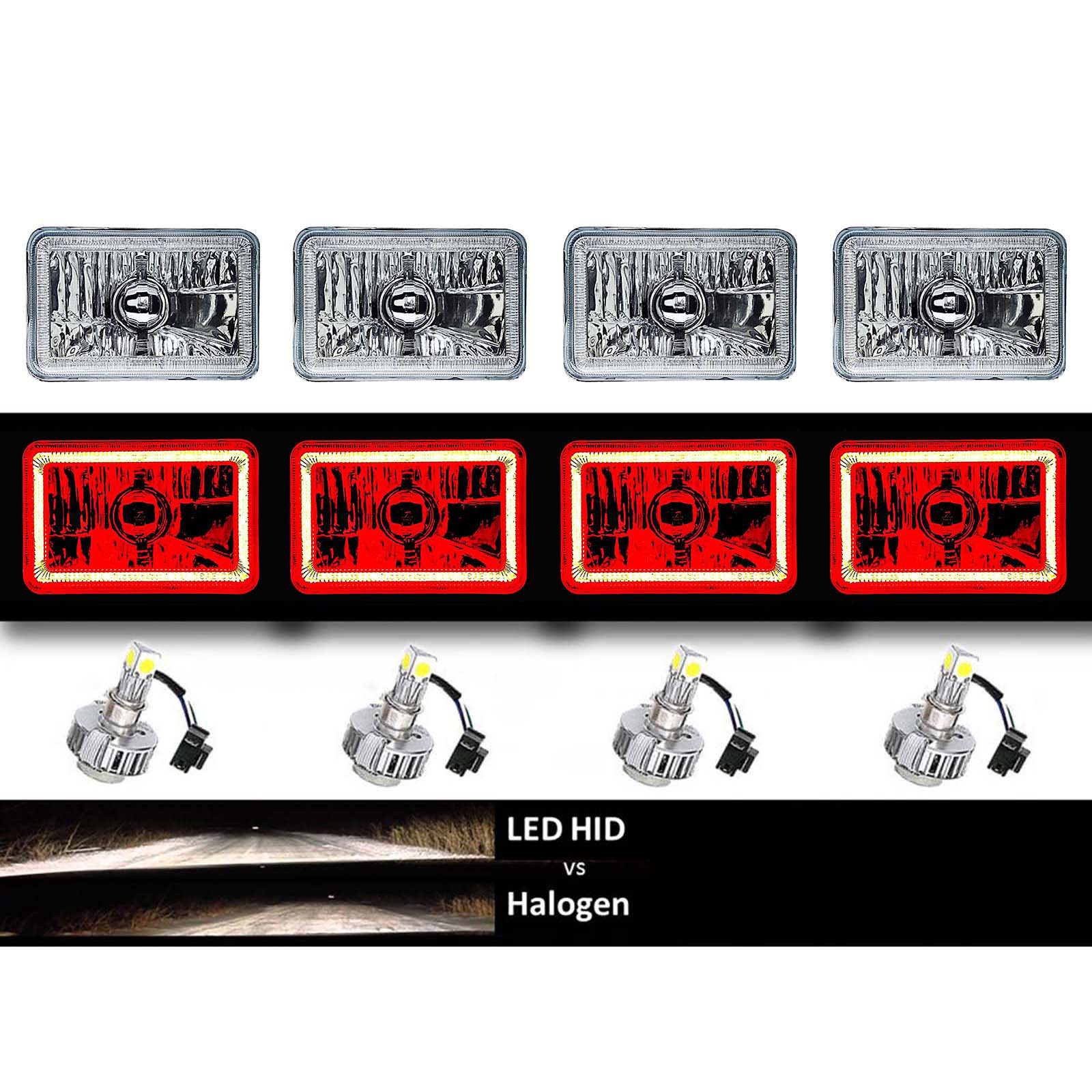 4X6" Red COB Halo Glass/Metal Headlight 6000K LED H4 Light Bulb Headlamp Set